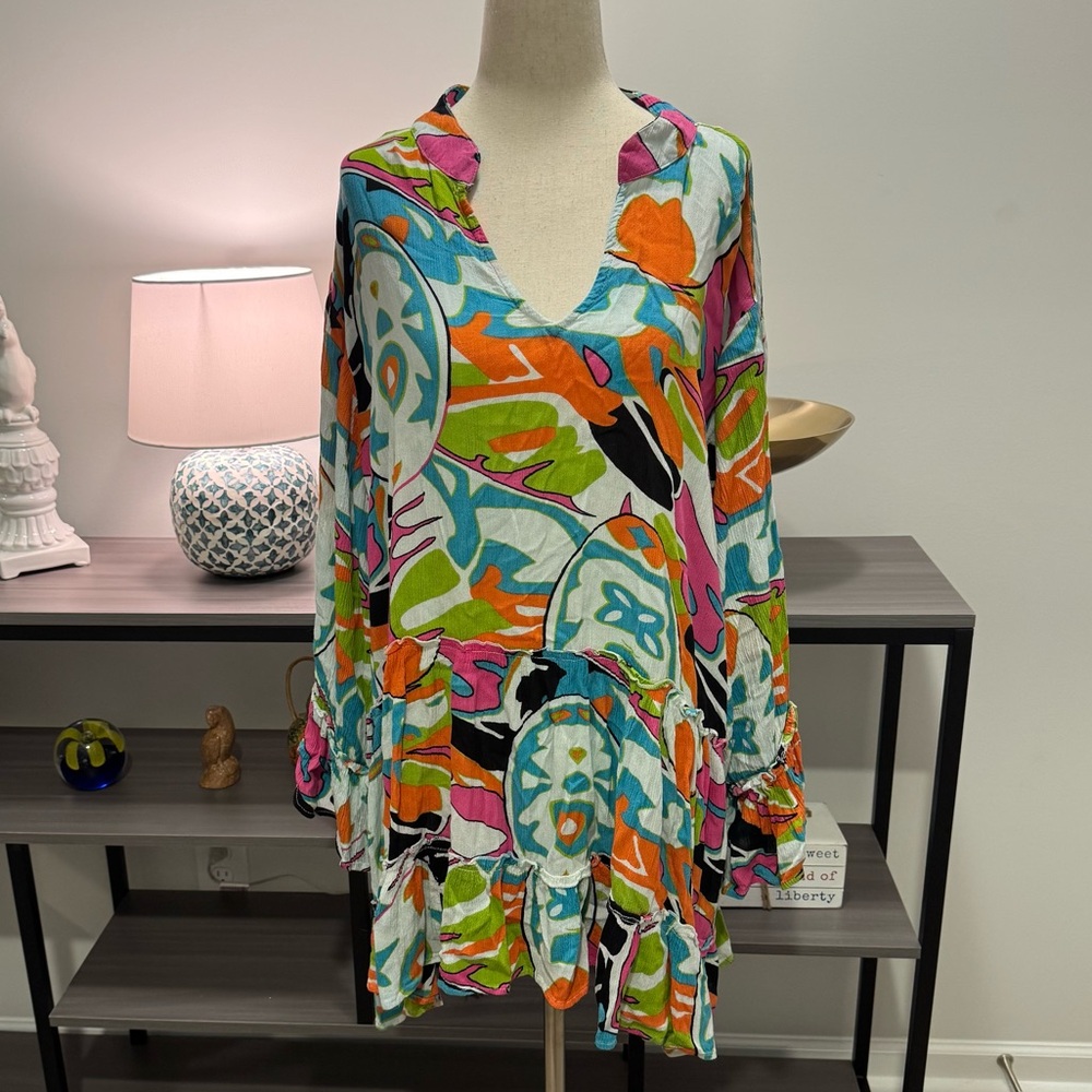 Ashley Stewart Vibrant Multicolor Boho Tie-Sleeve Top – Size 22/24